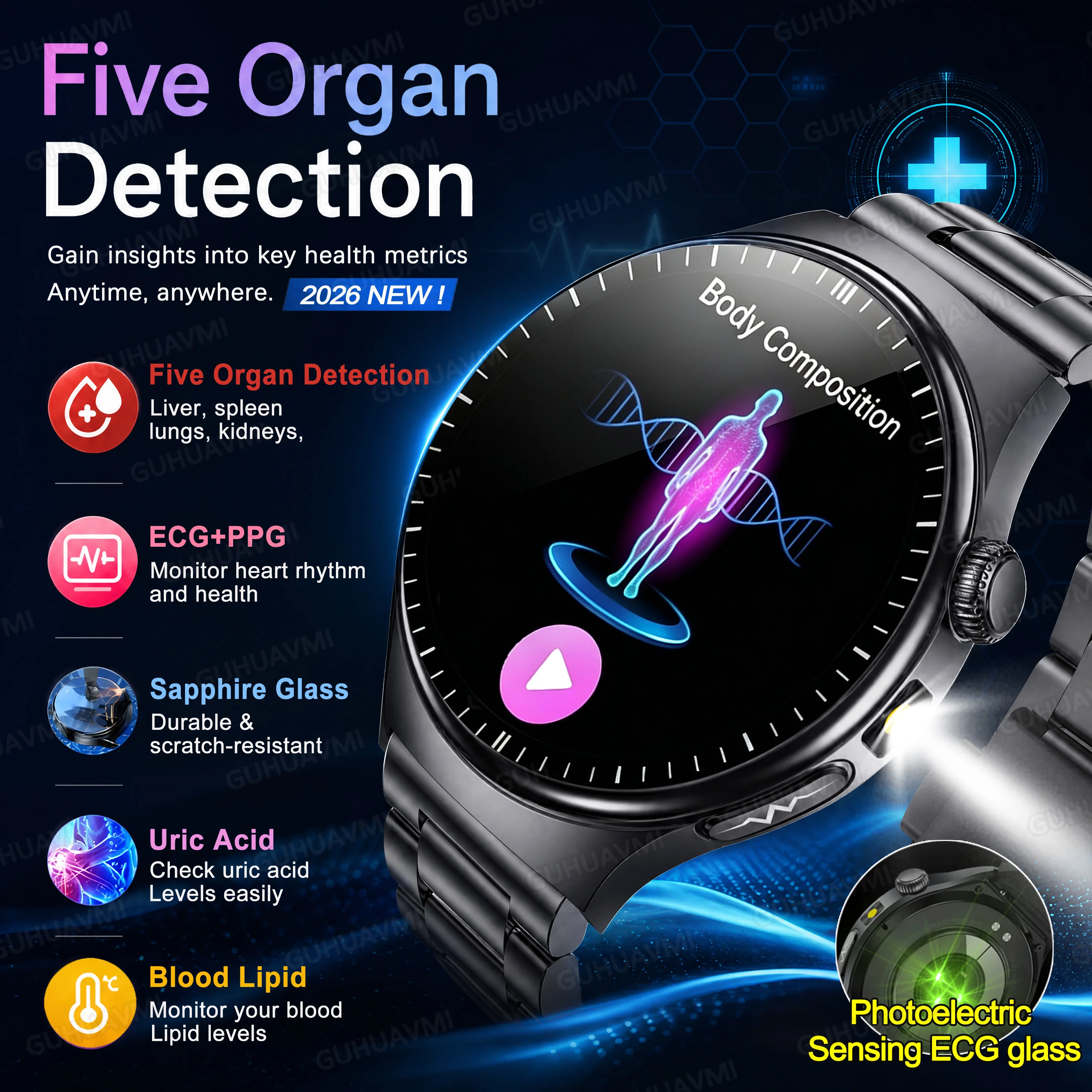 2026New Health Smart Watch Five Organ Detection ECG+PPG Uric Acid Blood Lipid Health Monitor Sapphire Glass BT Call Smart Watch