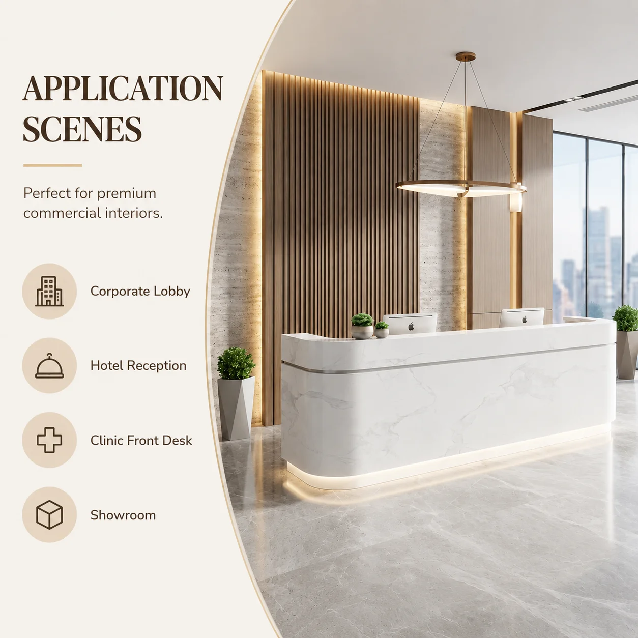 Customizable Modern Luxury Minimalist Marble Pattern Curved Wood Front Reception Desk LED Light Eco-Friendly Durable Gym Hotel