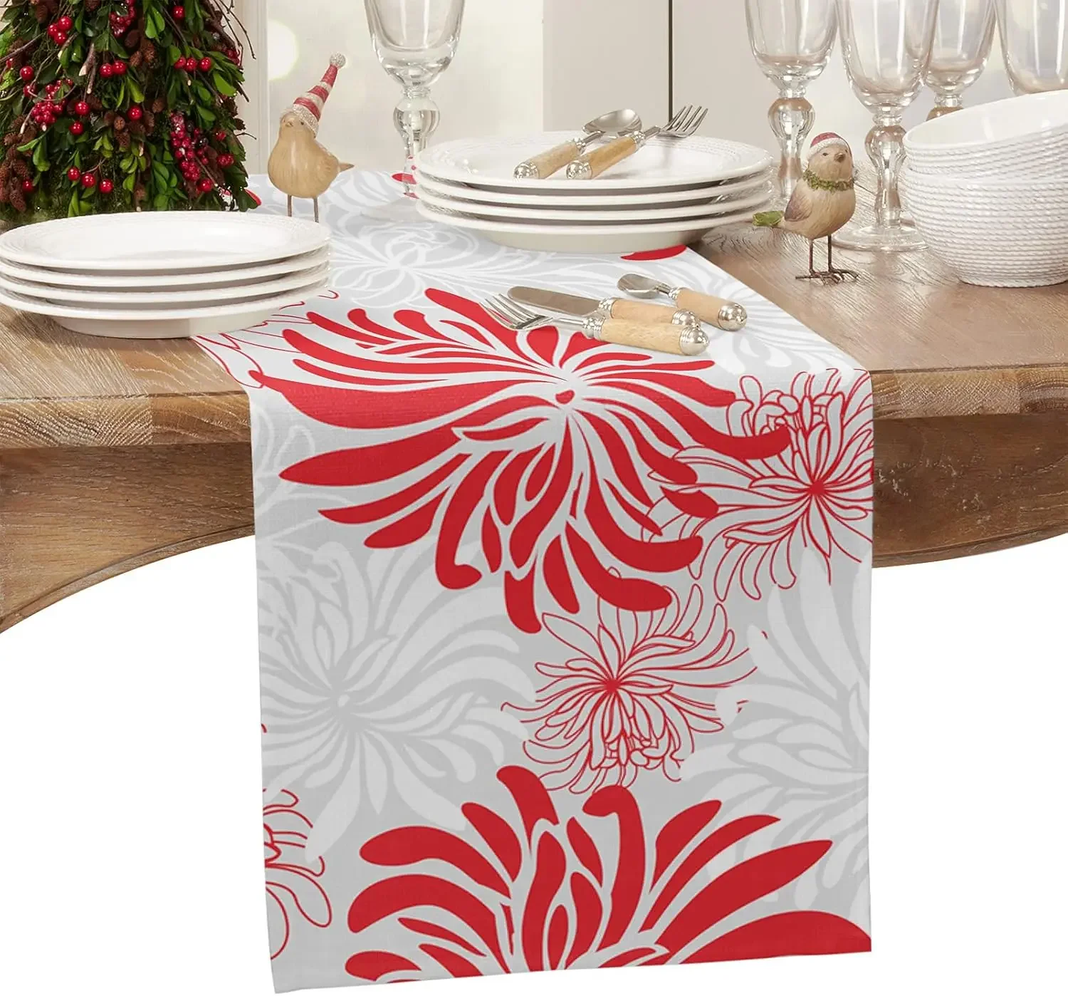 Christmas Red Chrysanthemum Flower Linen Table Runner Party Decor Winter Xmas Kitchen Dining Table Runners Christmas Decorations