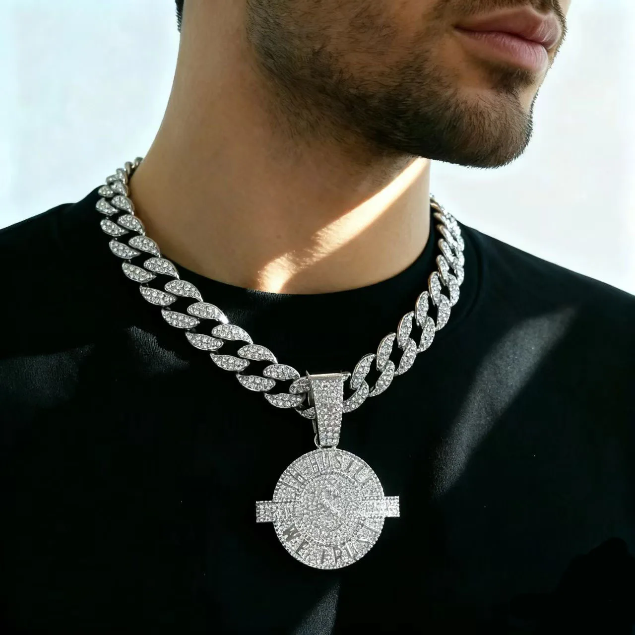 

DIY accessories European and American men's big pendant necklace popular hip-hop style Cuban full diamond alloy letter round bra
