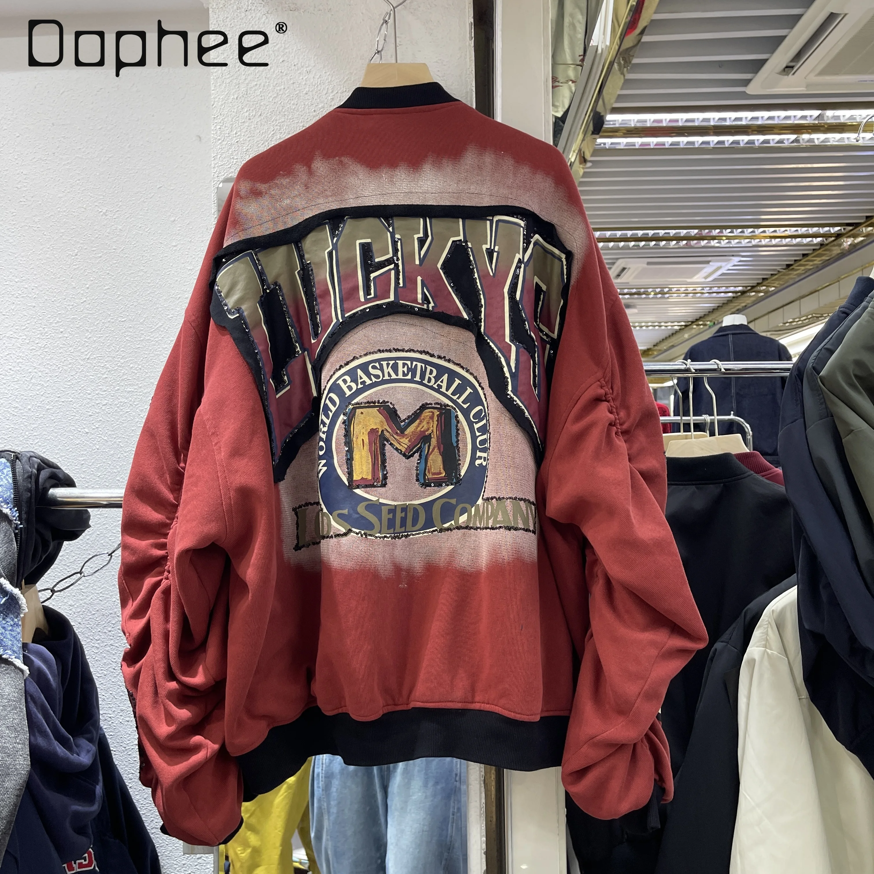 

2025 New Loose Fit Mid-Length Color Block Patchwork Baseball Jacket for Women Red Coat Women Autumn Jacket Oversized Jacket
