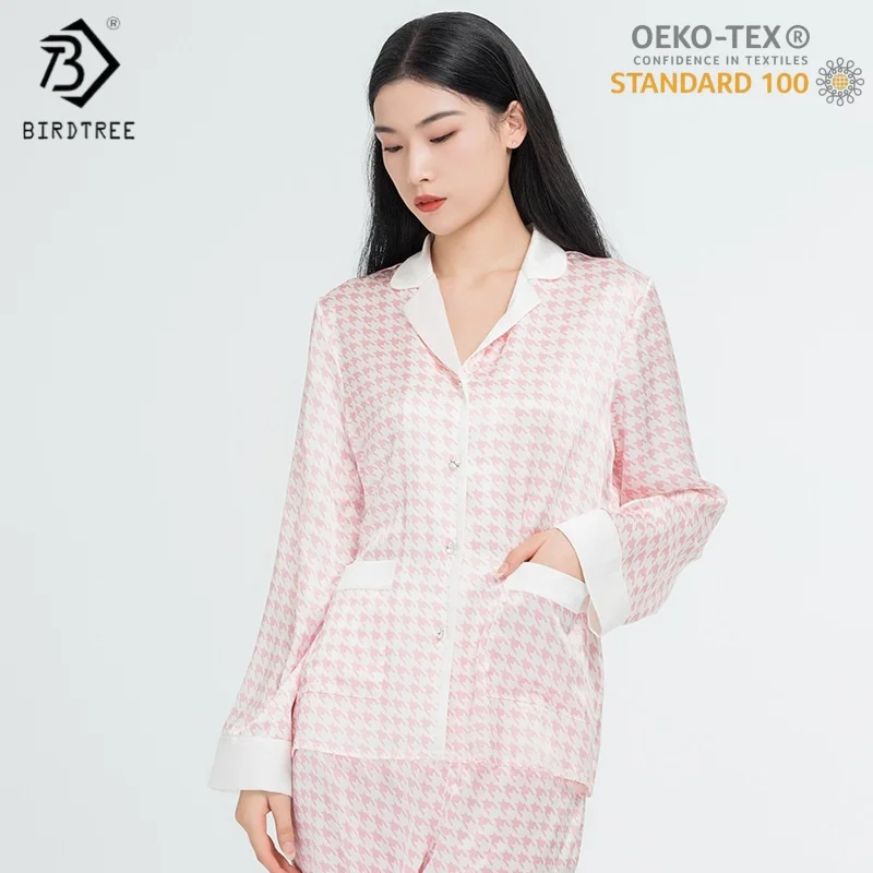 BirdTree,OEKO-TEX,19MM 100% Real Silk Pajamas Set,Women Houndstooth Top Pants,Sleep Home Clothes, 2025 Autumn Winter P5N813JF