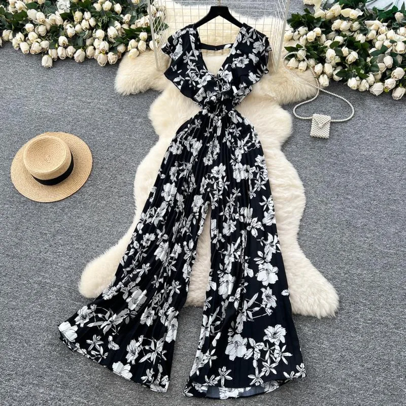 HKSH Estate Nuove Donne Alla Moda High Street Vintage Ruffles Profondo Scollo A V Vita Cinching Pieghettato Stampato Chic Flare Tuta HK7646