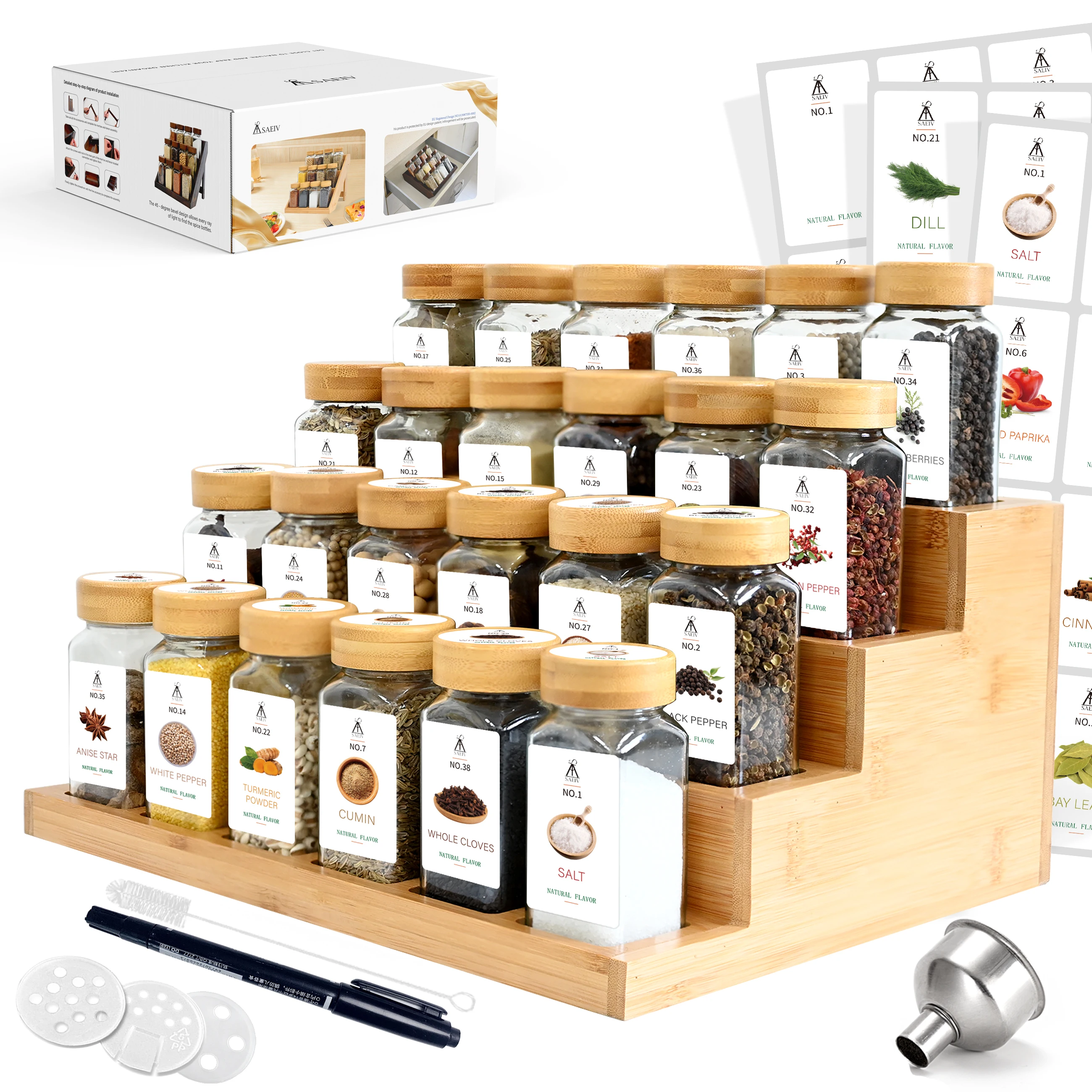 SIAZIH 24 Glass Spice Jars 120ml 3-Tier Bamboo Spice Storage Shelf ...