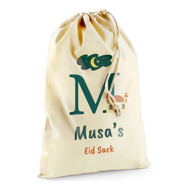 Personalised Eid sack with Initial and Mosque Eid al-Fitr Muslim Islamic Kareem Ramadan Mubarak children kid present gift bag