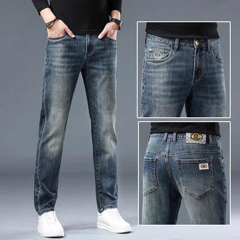 2024 fall and winter new retro nostalgic blue washed jeans high-end embroidery stretch Slim small straight leg jeans