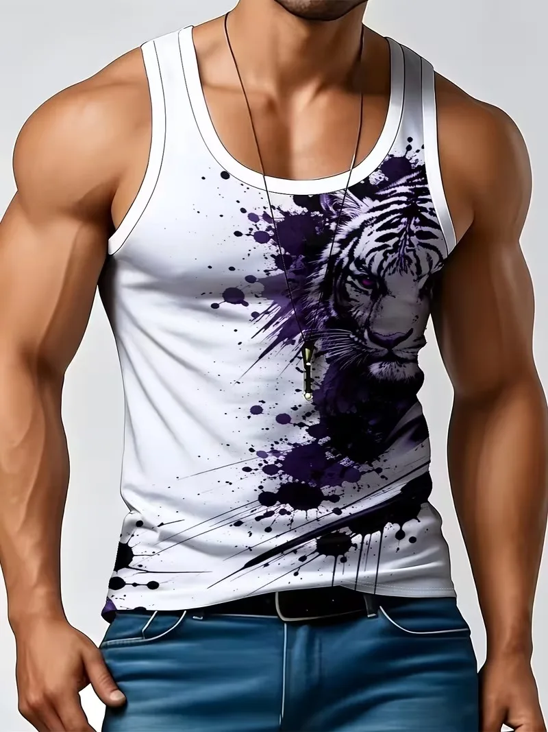 Funny 3D Black white tiger Print Men's Tank Top Fashion Sports Tees Casual Sleeveless Shirt Summer Breathable Loose Gym Man Vest