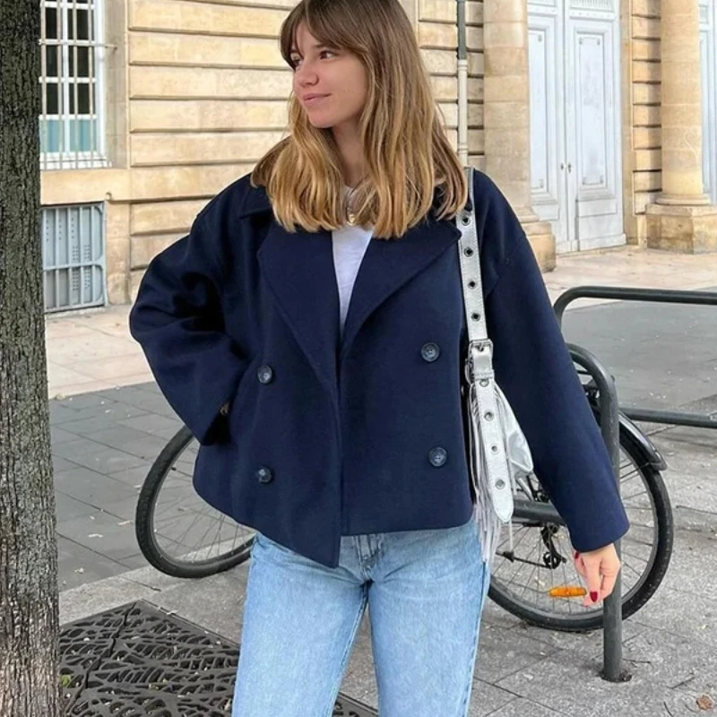 

Autumn Winter Coats Women Casual Double Breasted Turn Down Collar Female Short Jackets Chic Lady Loose Demi Season Outcoat