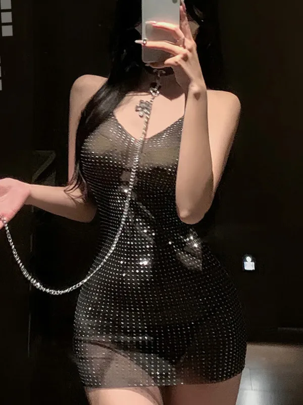 Fashion Exotic Summer Women's Clothing Style Strap Deep V-groove Perspective Hot Stamping Diamond Sexy Tight Elegant Dress PEAS