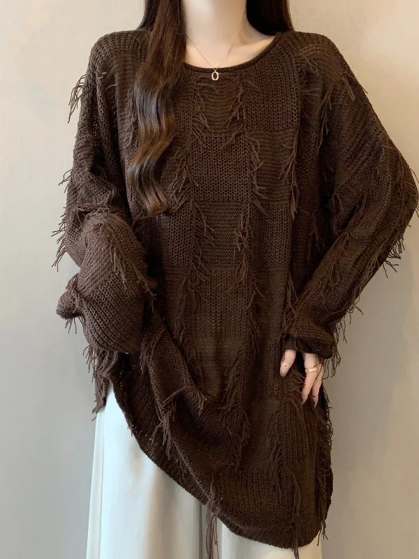 Cafe Au Lait Knit Sweater with Tassel Trim Women's Mid-Length Oversized Top Korean Style Long Sleeve round Neck Sweater