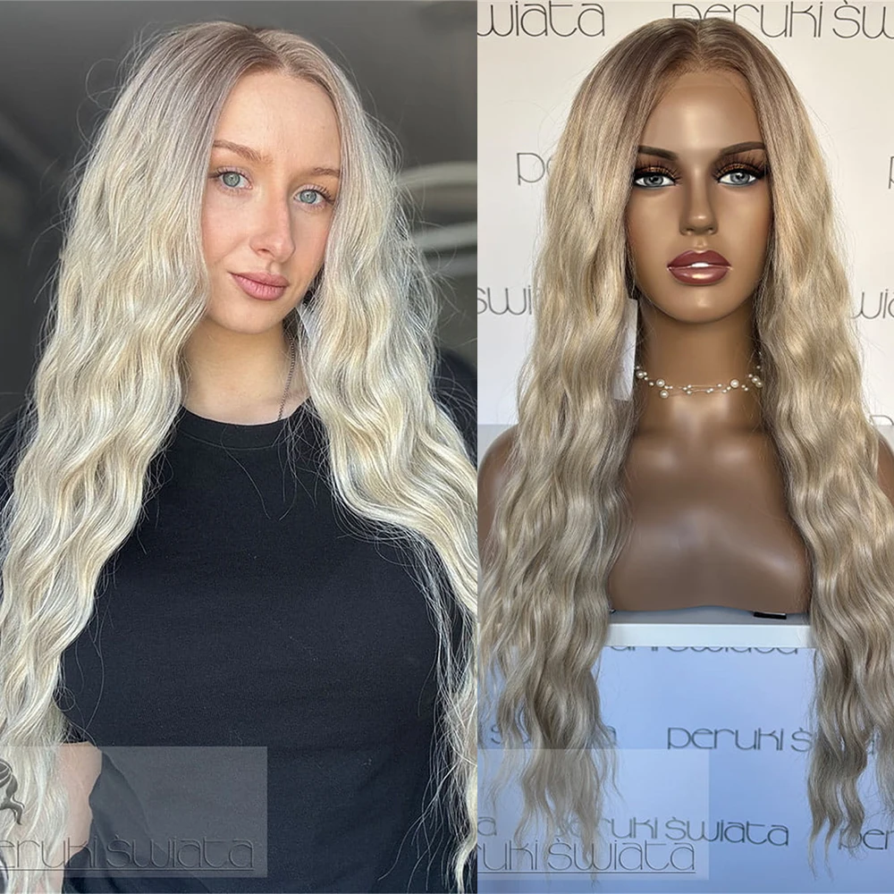

Creamy Mixed Blonde Human Hair Blend Wig Long Curly Hair Wig Dark Roots 26 Inch Blonde Lace Frontal Wig 13x4 Wide Lace Wig