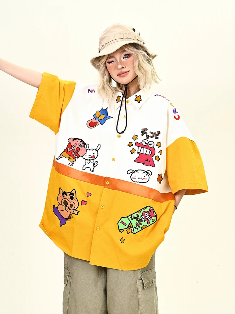 

Yellow Cartoon ort Sve Loose Women's irt Summer 2025 Trendy Street Sle Comfortable Fun Children's Sle Button up