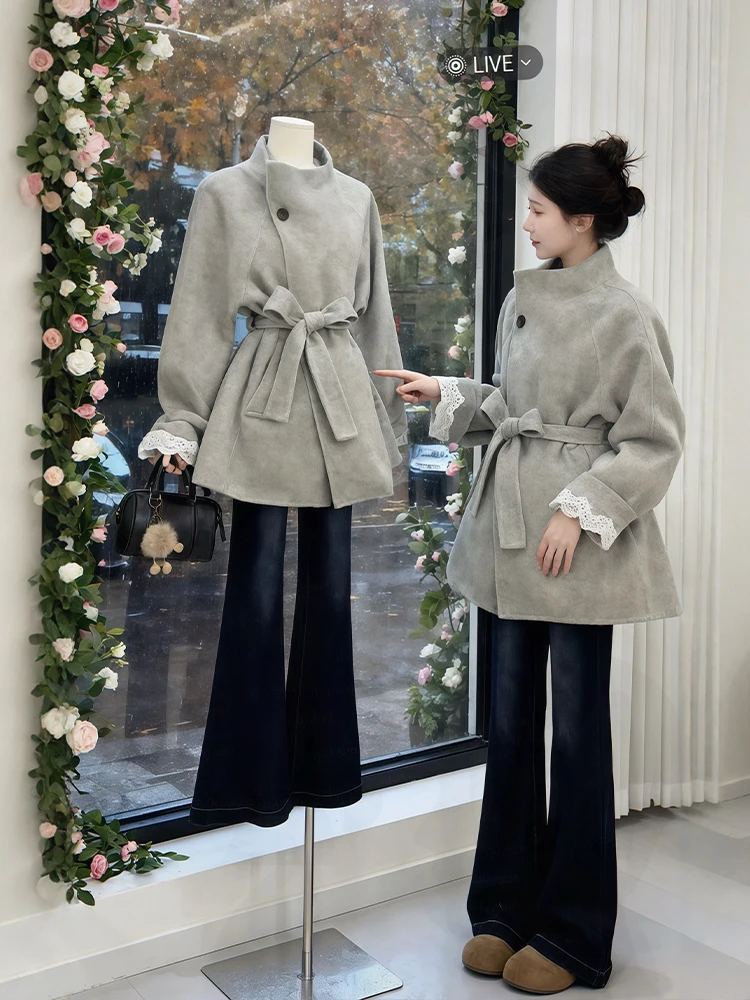 

Winter Faion plus Size Women's Outfit Tweed Coat High Waist Flared Pants Set Korean Sle Warm Casual Wear Polyester Fabric