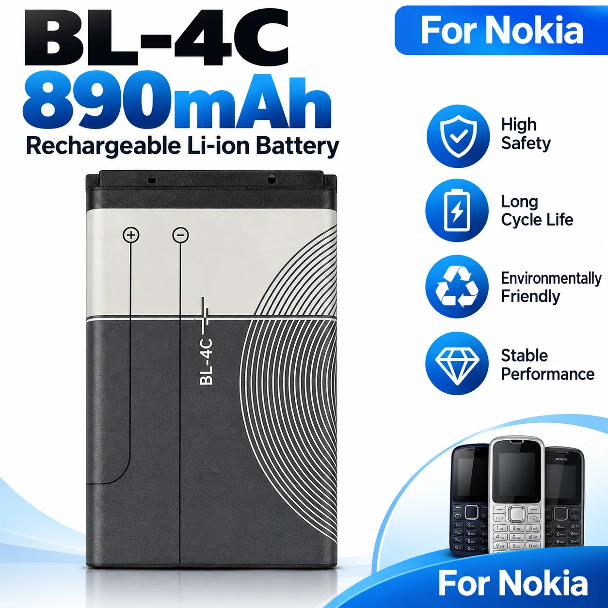 BL4C BL-4C 3.7V 890mAh Lithium Polymer Phone Battery for Radios、Nokia 6300, 6300i, 6301, 6230, 6131, 6125, 6100, 6101, 6102,6103