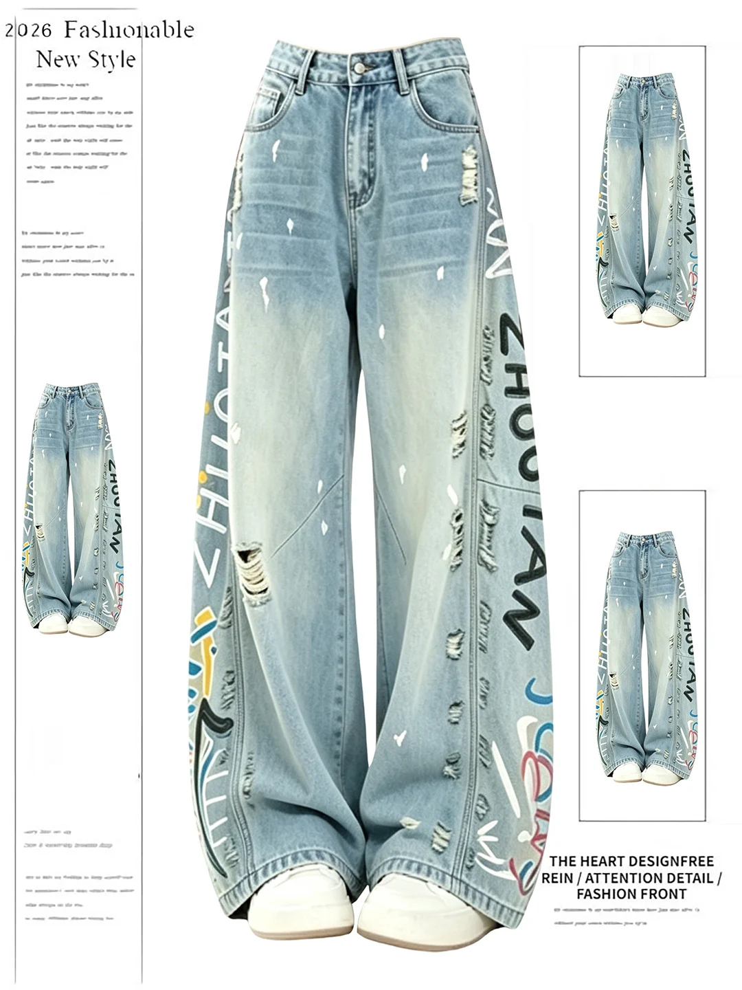 

Retro American Graffiti Print Loose Women's Jeans Summer New Style Fashionable Slimming Versatile Long Trousers High Waist Wi...