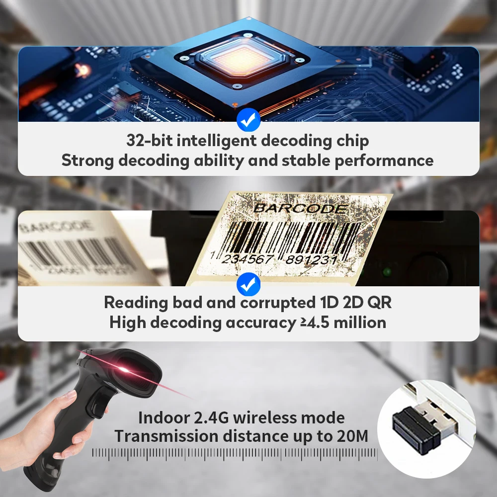 05WB 1D/2D QR Code Reader Handheld Wireless CMOS Sensor 2-Second Scan Speed Passport-Size Capacity USB Document Scanner