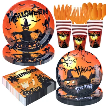 할로윈 파티 종이 접시 냅킨 용품, 호박 허수아비 일회용 식기 장식, 할로윈 생일 파티 선물 