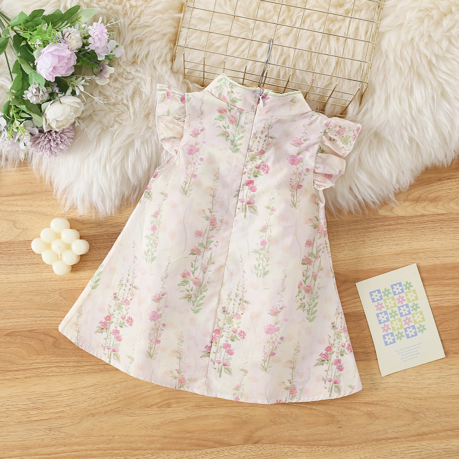 Baby Dresses Summer Cotton Bow Flower Chinese Cartoon Small Fly Sleeve Girl Dress Cute Beach Baby Girl Clothing