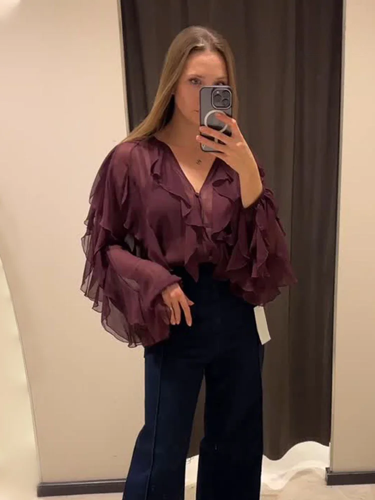 

HH Весенняя женская элегантная блузка с v-образным вырезом, однобортная женская 2025, ламинированная декоративная однотонная рубашка с длинными рукавами, 2 цвета