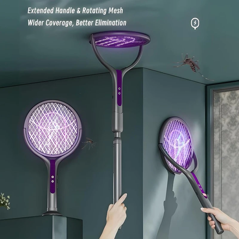 Multi Functional 2-in-1 Electric Mosquito Swatter Rechargeable Telescopic Rotating Head Electric Fly Swatter, Indoor/Outdoor Bat