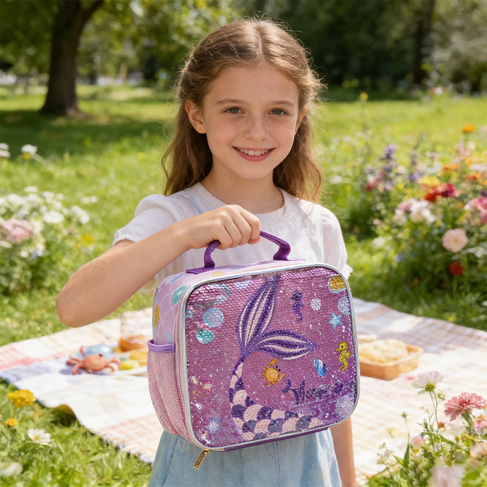 

Детская сумка-тоут BLING BABIES, сумка для обеда, двусторонний дизайн с пайетками Pink Mermaid, подходит для переноски еды