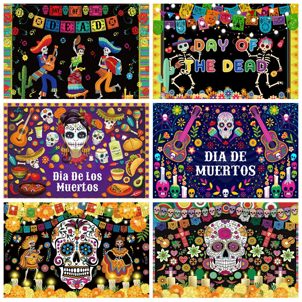 

Mexico Day of the Dead Backdrop Mexican Fiesta Sugar Skull Marigold Carnival Dress-up Dance Party Photography Background Decor