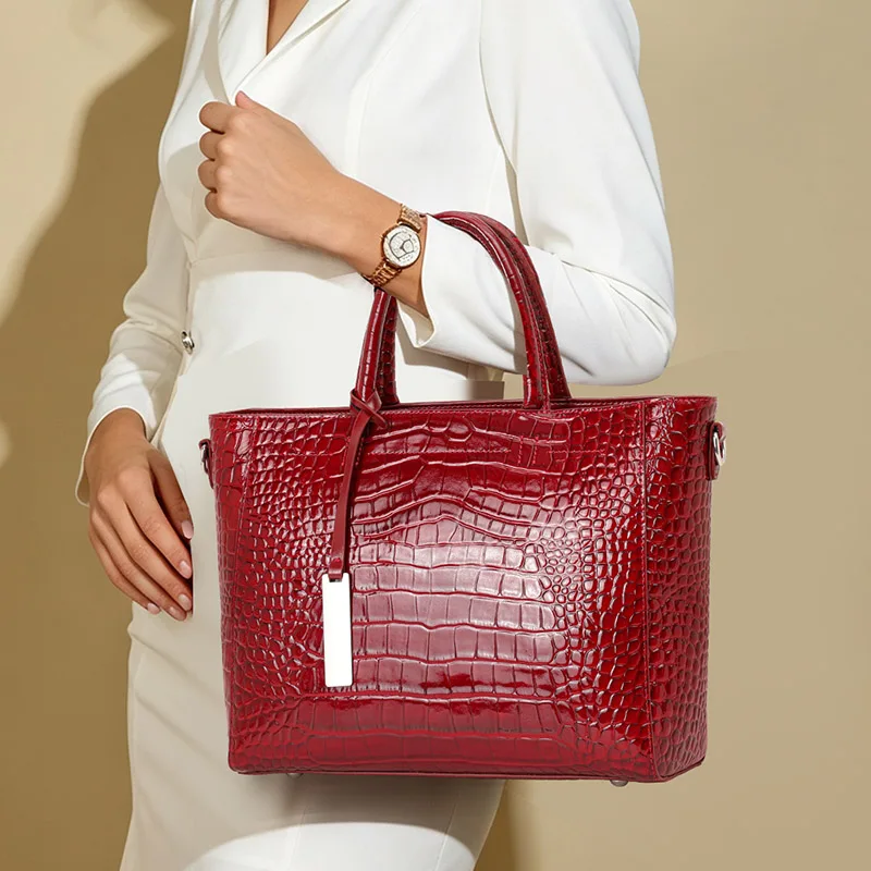 Aidrani Genuine Cowhide Women Tote Handbag Crocodile Texture Large Capacity Removable Shoulder Strap Bag for Daily Work Travel