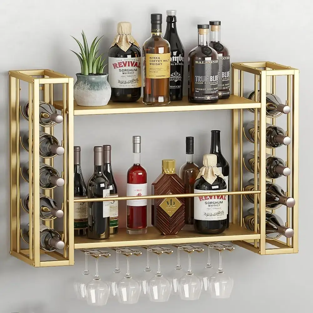 Wall Mounted Wine Rack, Wine Rack Wall Mounted with Wine Glass Rack, 2-Tier Multi-Functional Shelf for Home Restaurant Bar Stora