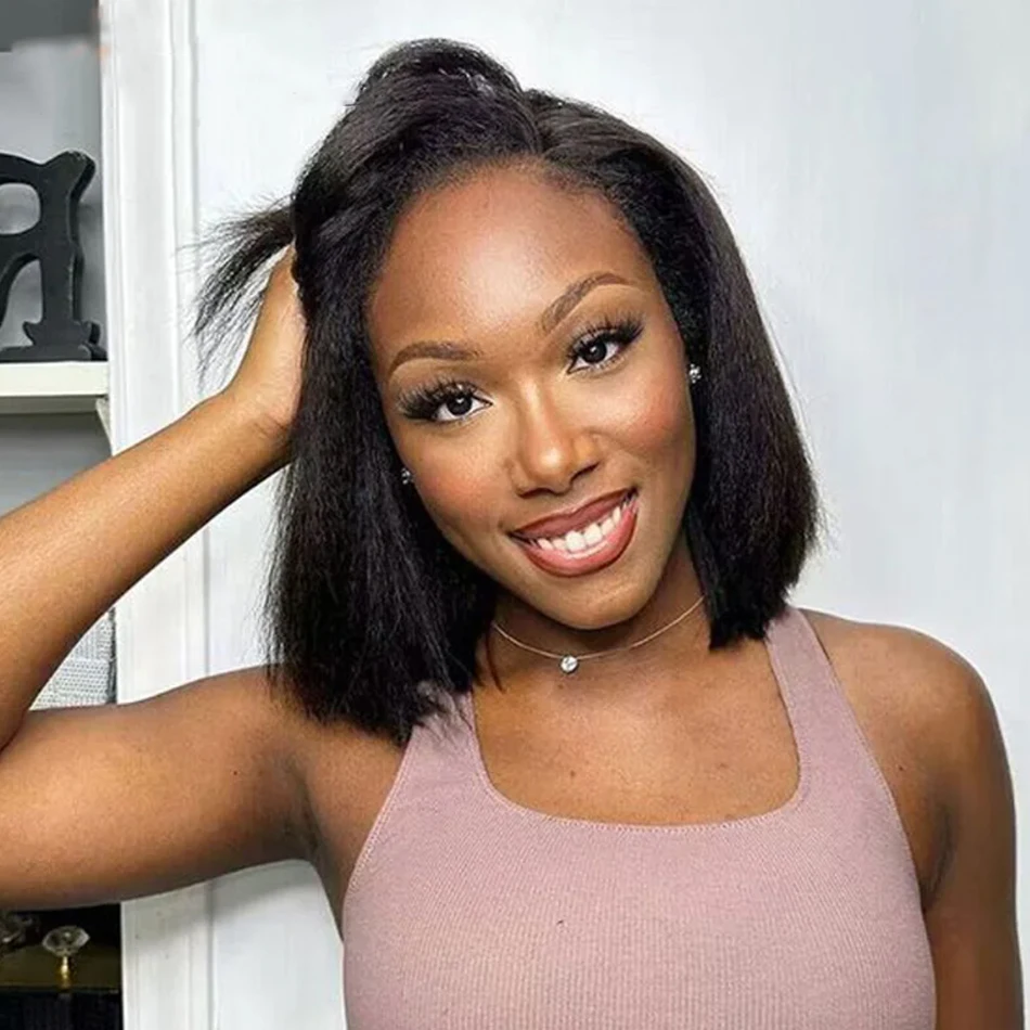 

Kinky Yaki Straight Bob Wig 13X4 Lace Frontal Glueless Human Hair Wigs For Women HD Transparent 180 Density Ready To Go Lace Wig