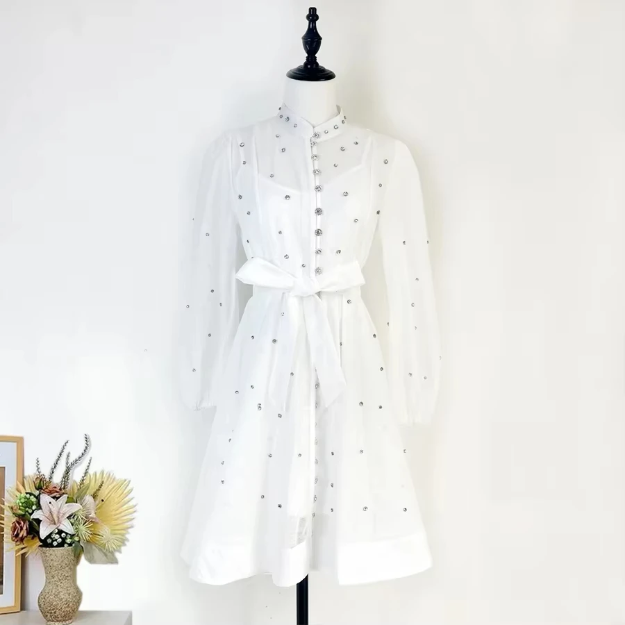 Abito da donna in maglia da ballo di fine anno con perline di cristallo di lusso francese, da donna, con maniche lunghe a lanterna, bottoni con diamanti, cintura con lacci, mini abiti