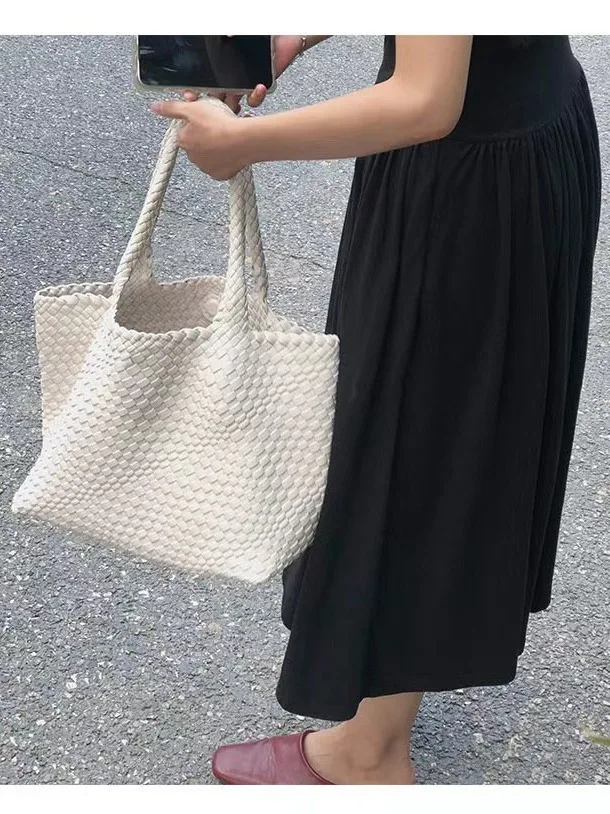 Ultra Soft Large Woven Shopper Tote Bag Spacious Vegan Leather Woven Handbag Purse Retro Handmade Travel Shoulder Bag Set image 5