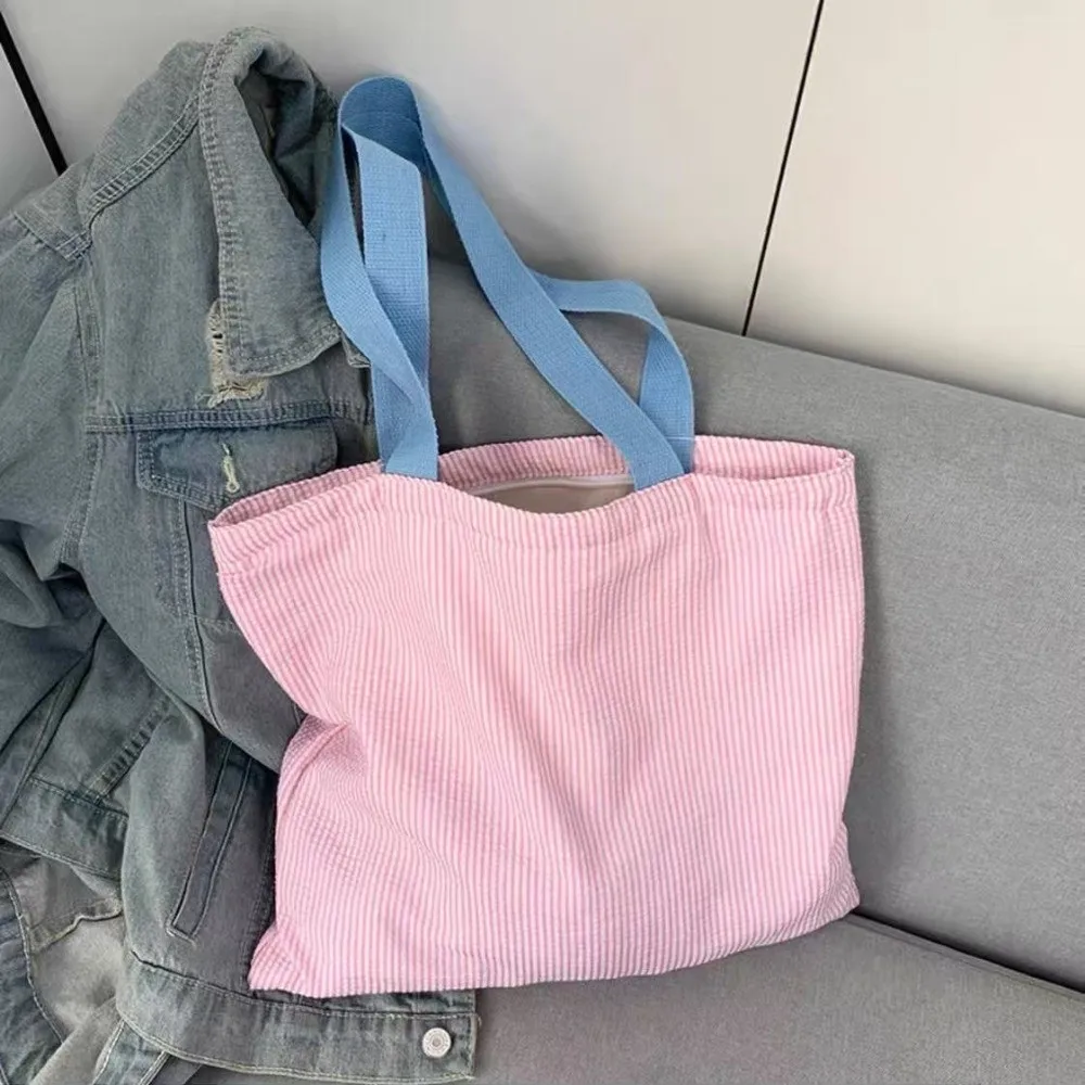 Simple Canvas Shoulder Bag Large Capacity Square-shaped Zipper Handbags Contrast Color Stripe Handbags Women