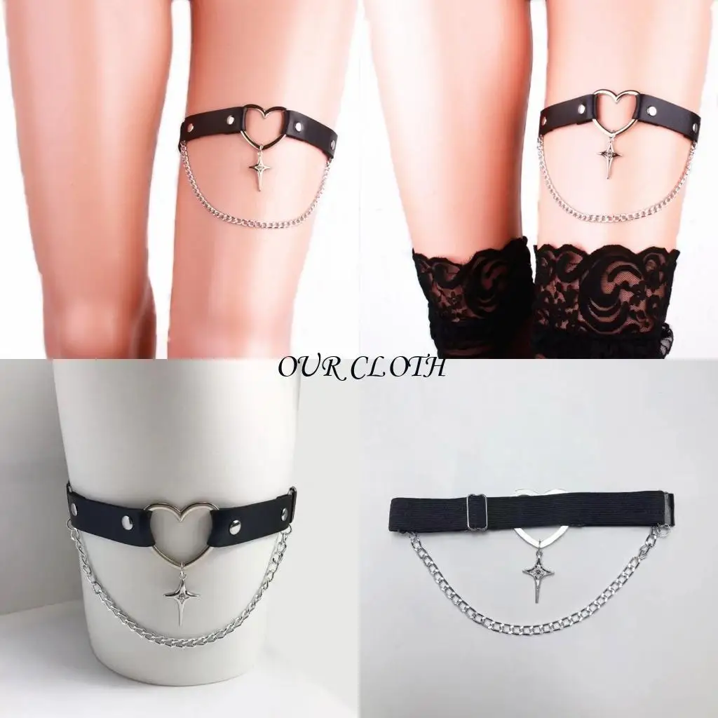 حزام ساق الساق من جلد فو مع تفاصيل سلسلة النجوم للنساء حلقات القلب y1ac #1