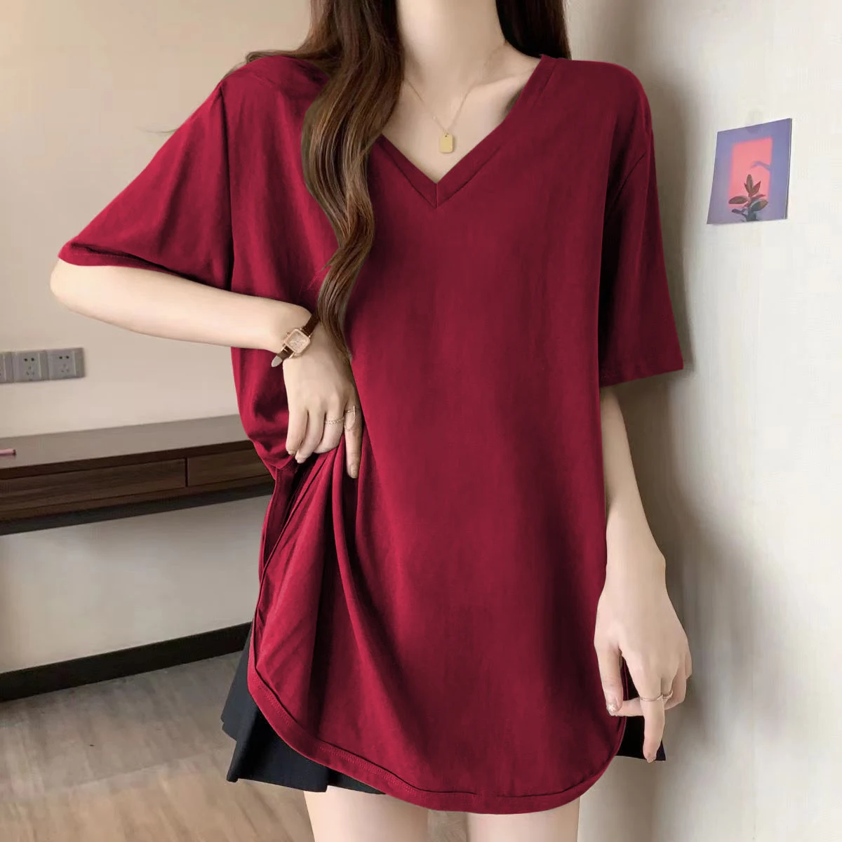 plus Size Women's T-Shirt V-Neck Short Sleeve Loose Fit Belly Covering Mid-Length Slimming Top Commute Style Polyester Summer