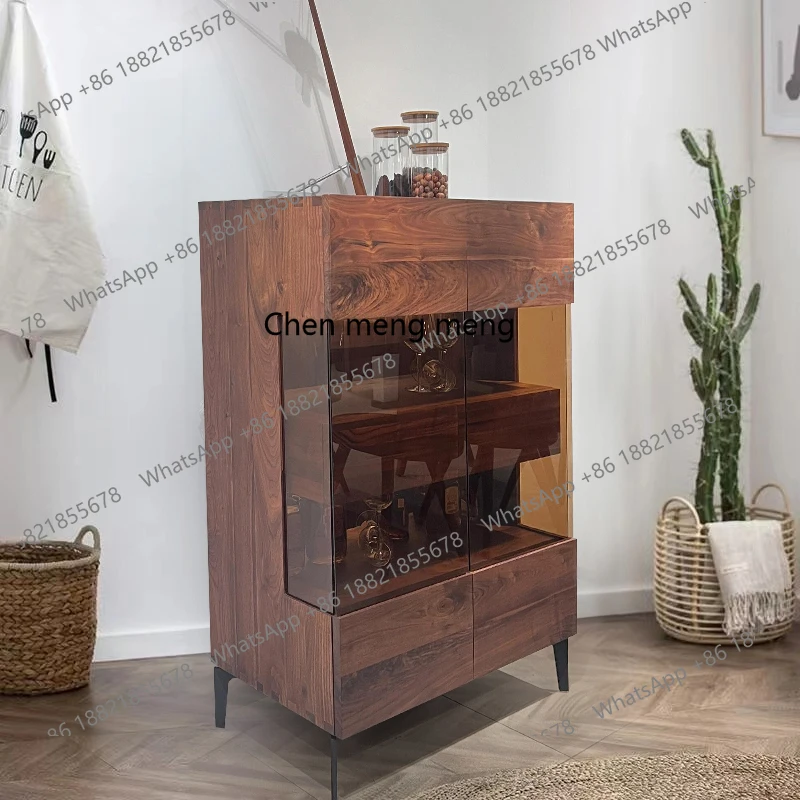 

Italian style, solid wood wine cabinet, walnut color, living room side cabinet, glass, storage, simple display cabinet