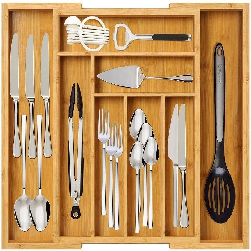 Expansible Kitchen Drawer Storage Box, Forks, Cutlery, Knives, Cutlery, Retractable Grid Organizing Box, Bamboo