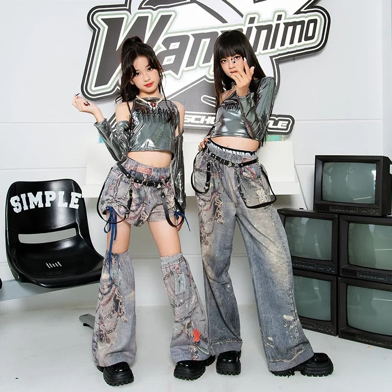 Bambini Costumi di danza Hip Hop per ragazze Top larghi Pantaloncini Pantaloni cargo Vestito Modern Street Jazz Dance Performance Abiti XH1410