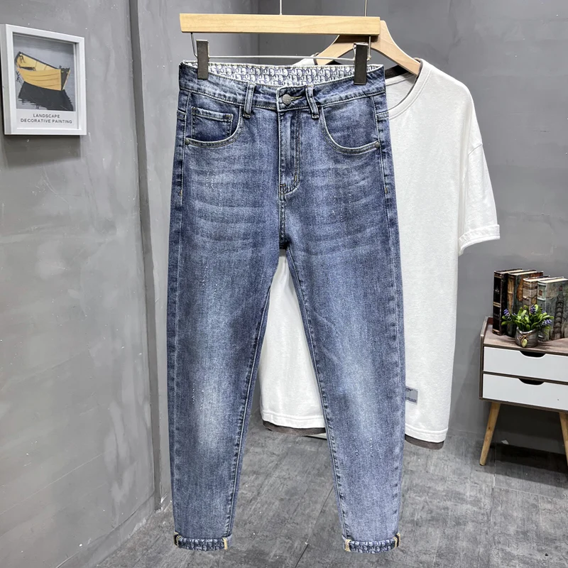 New Korean Fashion Men's Casual Long Jeans Classic Man Straight Denim Wide-leg Pants Solid Color Light Blue Black Ninth pants