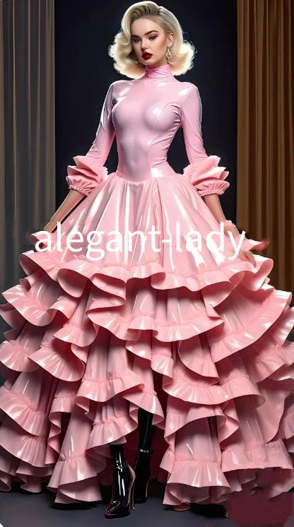 Sukienka wieczorowa na zamówienie, różowa, dopasowana, z długim rękawem, z połyskującego materiału, sukienka na studniówkę, sukienka na specjalną okazję, sukienka na powrót do domu.