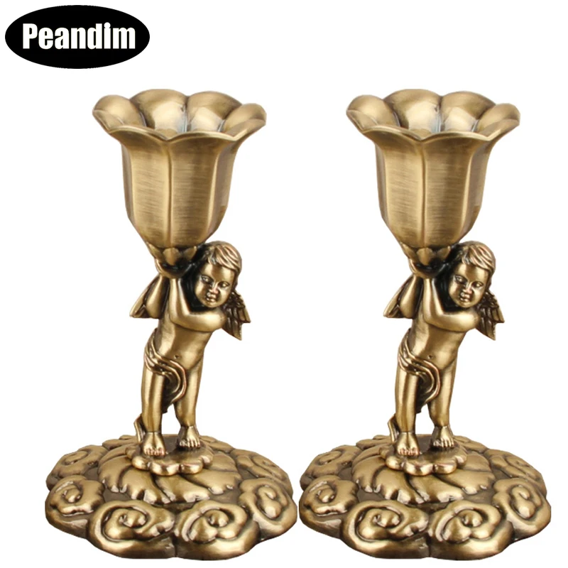 

PEANDIM Vintage European Candlestick Romantic Angel Antique Bronze Candelabra Home Votive Candle Holder Decorative