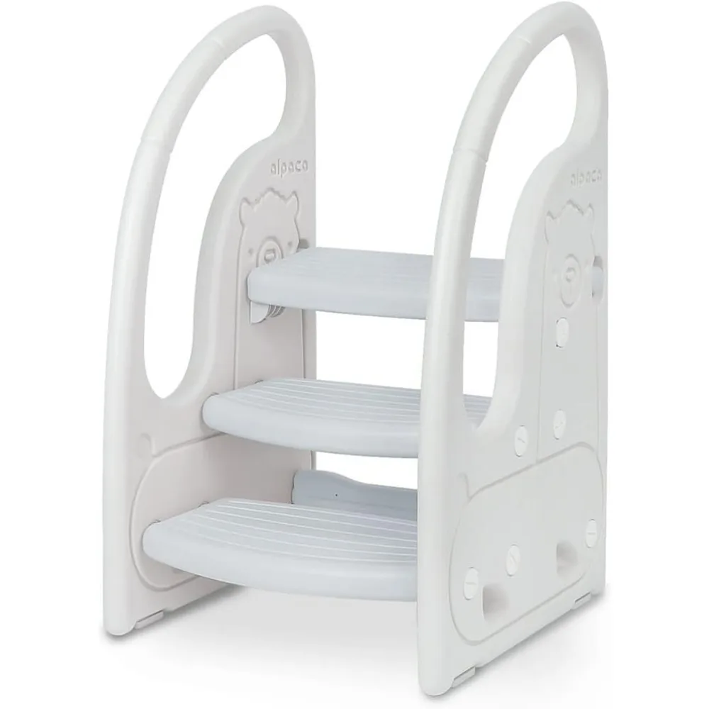 Tabouret d'aide à l'apprentissage pour enfants, pour évier de salle de bain, avec poignée et anti-ald, sous-gris et blanc