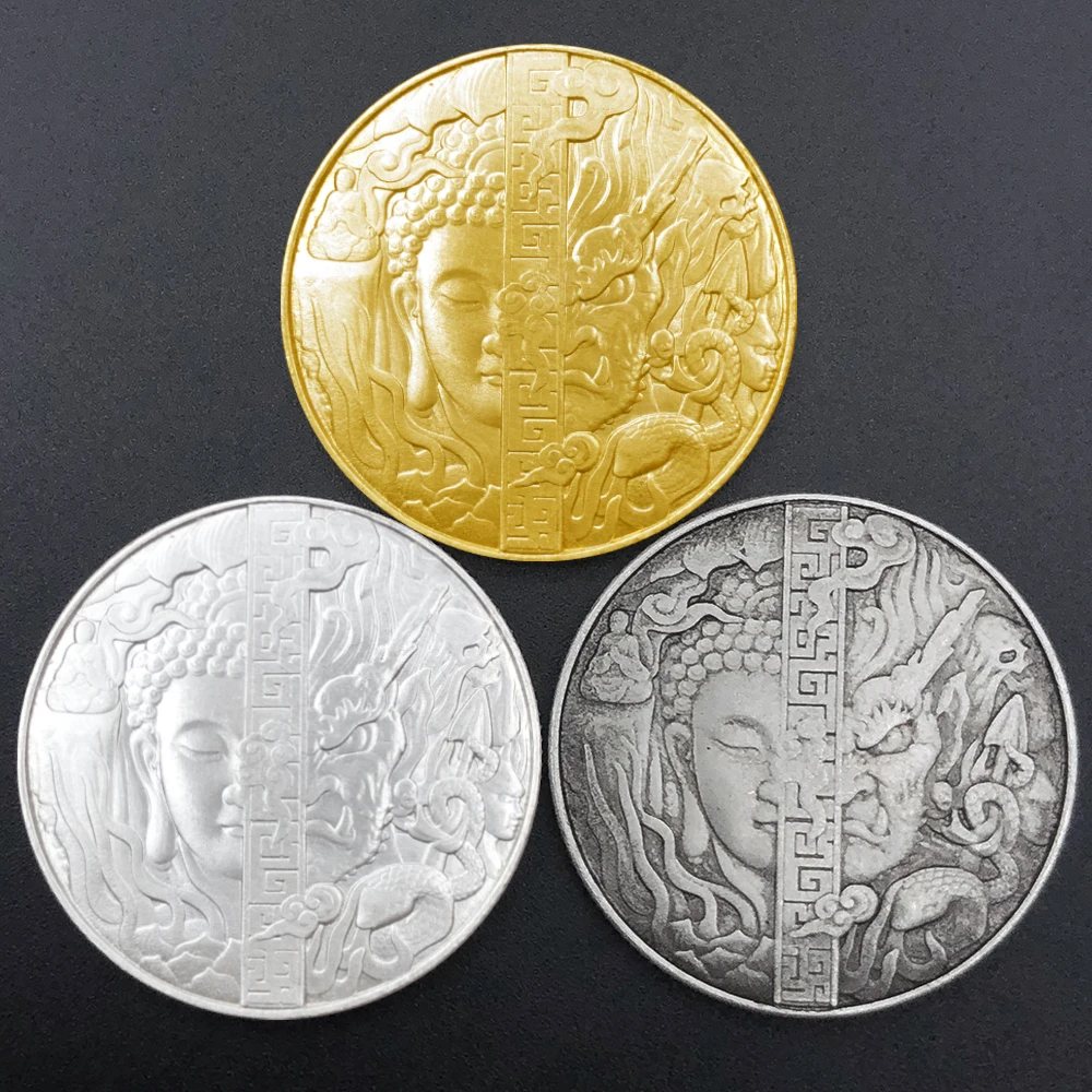 Chinese One Thought on Buddha and Demons Feng Shui Lucky Gold/Silver/Antique Coin Loong Absorbs Water Commemorative Medal Amulet