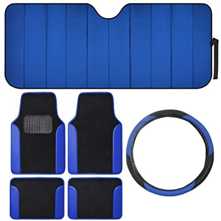 

Car Accessory Gift Set, Includes Motor Trend Auto Sunshade, Two-Tone Carpet Floor Mats and Steering Wheel Cover, Holiday Combo
