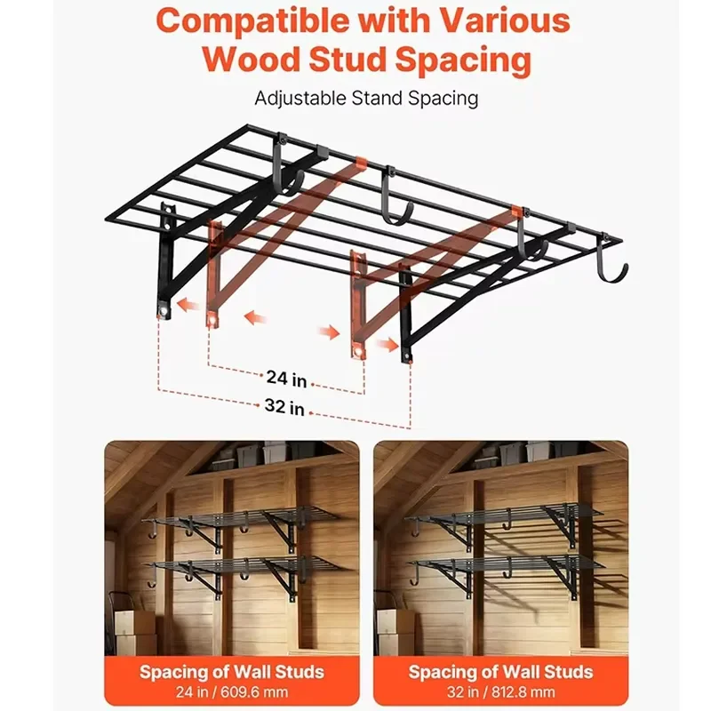 Heavy Duty Wall Mount Garage Storage Rack 2 Tier Black Steel Shelf with Hooks for Tools Organization 520 Lbs Capacity