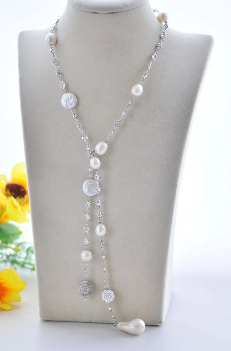 

P7439 30" 26mm White Keshi & Baroque & Coin & Rice Pearl Necklace CZ Chain