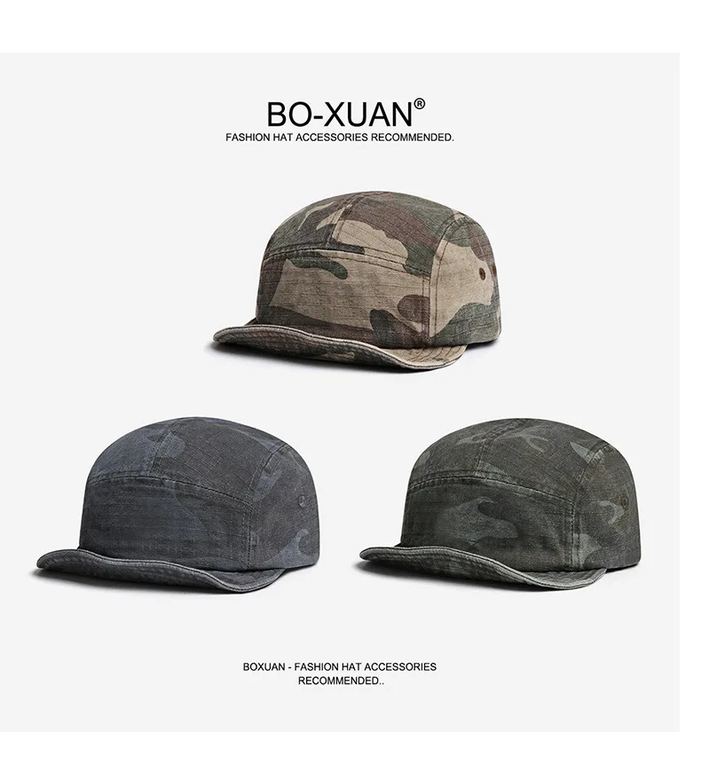 Anpassbares Logo 5-Panel Baseballkappen Unisex Retro-Tooling-Stil Weicher Schirm Camouflage Hip-Hop-Hüte Sommer Herbst Street-Trend – Detail 6