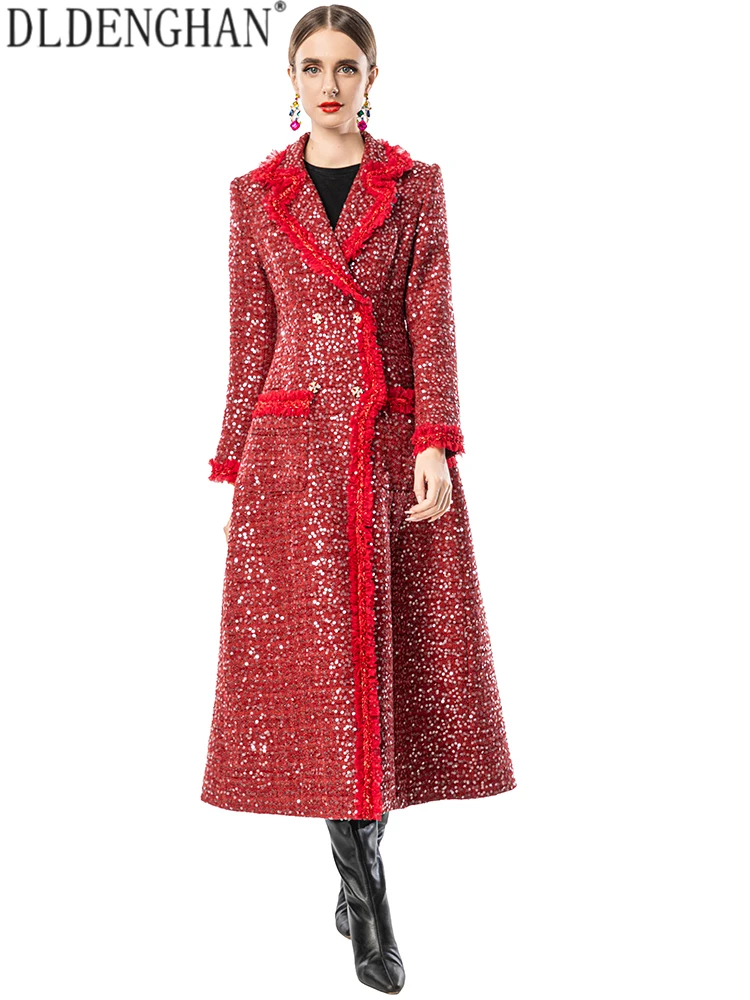 DLDENGHAN Women's Sequins Tweed Jacket Turn-Down Collar Double Breasted Long Sleeve High Street Fashion Outerwear for Winter