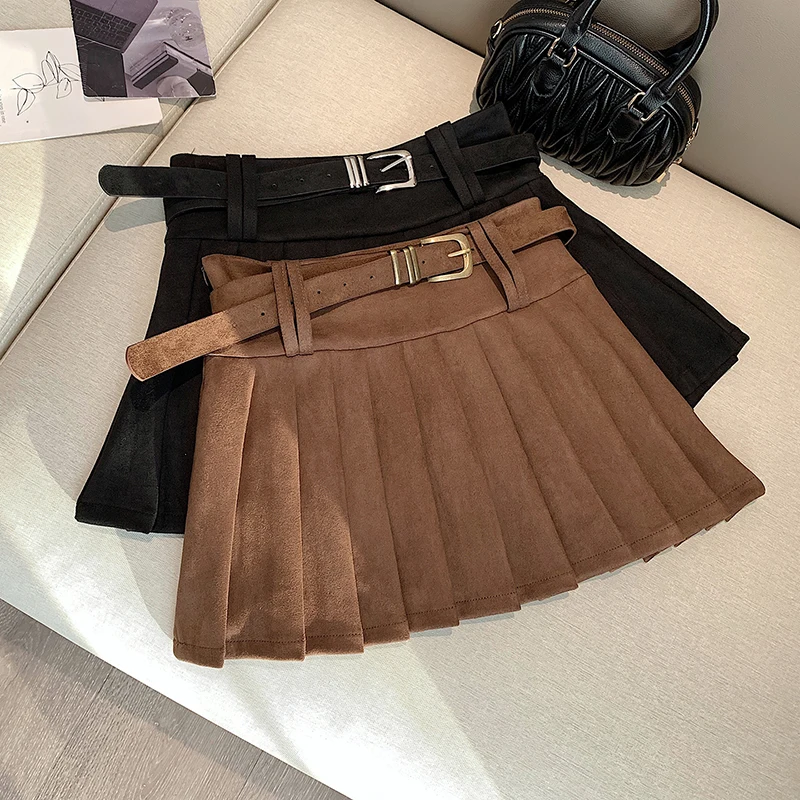 

Streetwear Y2K Belt Skirt Women Retro High Waist Faux Suede Sexy Mini A Line Skirts American Vintage Fall Winter Slim Skirt New