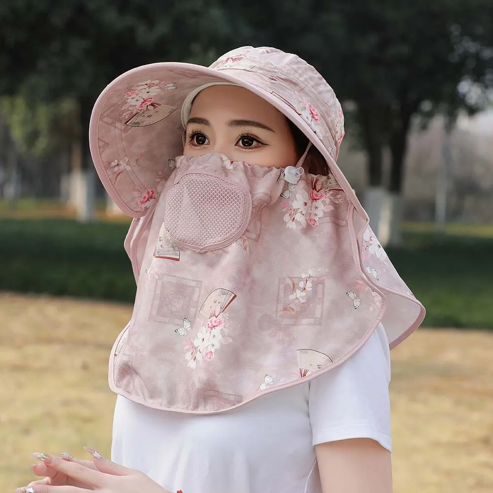 Chinese Style Anti-UV Mask Picking Tea Hat Flower Wide-Brimmed Sunshade Shawl Cap Lightweight Thin Neck Protection Hat Jogging