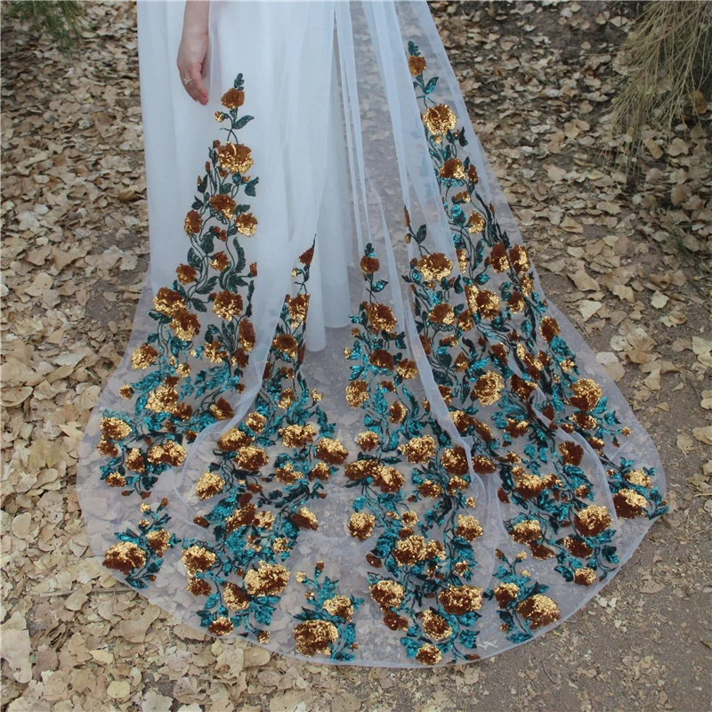 Veli da sposa floreali con paillettes scintillanti con pettine cattedrale lungo bianco avorio tulle foglie verdi fiori dorati stellati unici